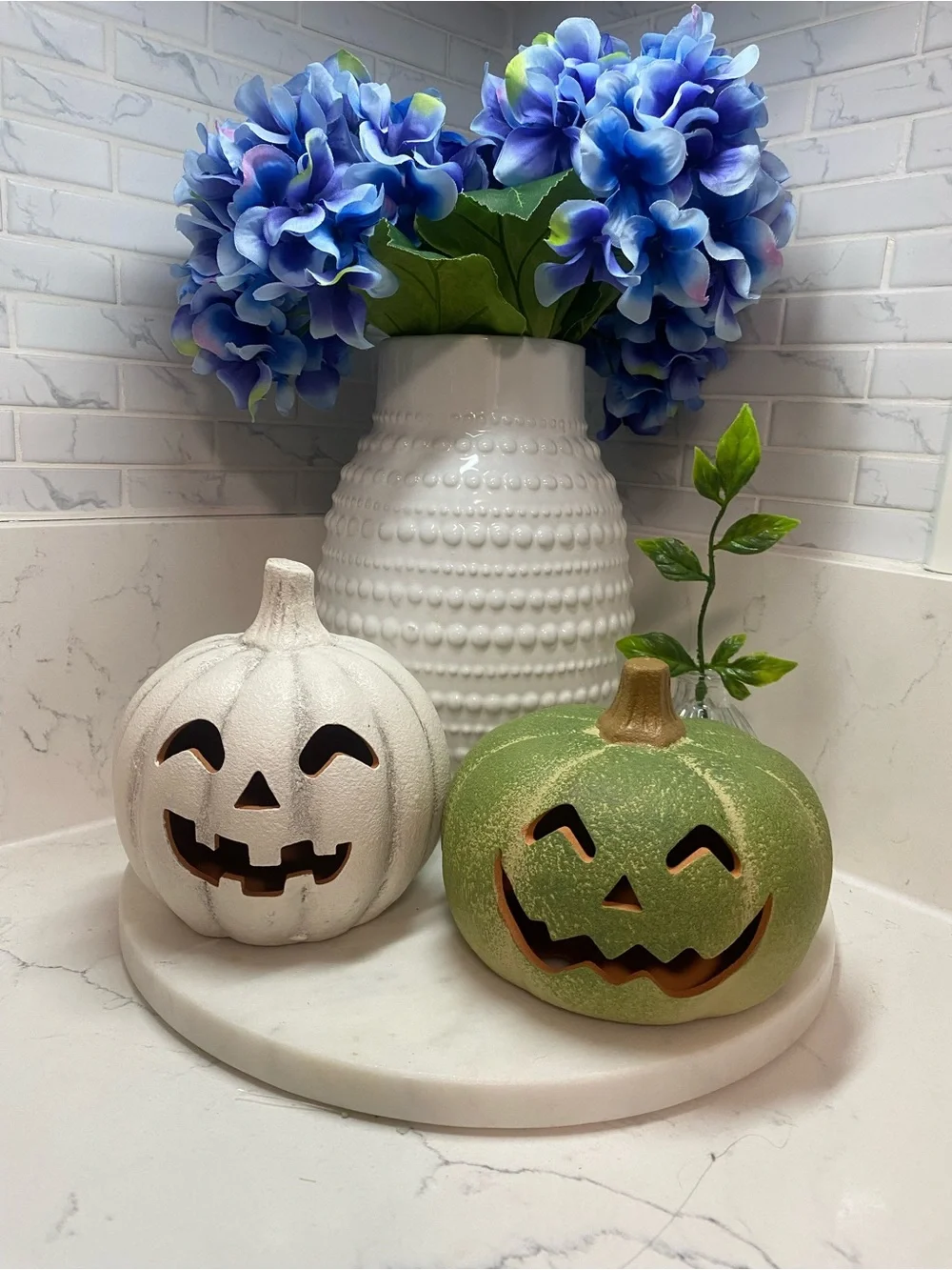 Decorative Halloween Ceramic Pumpkin - White and Green Jack-O'-Lanterns